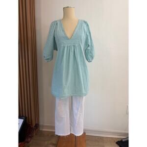 Urban Outfitters Green Seersucker Babydoll Mini Dress Puff Sleeve Size Large